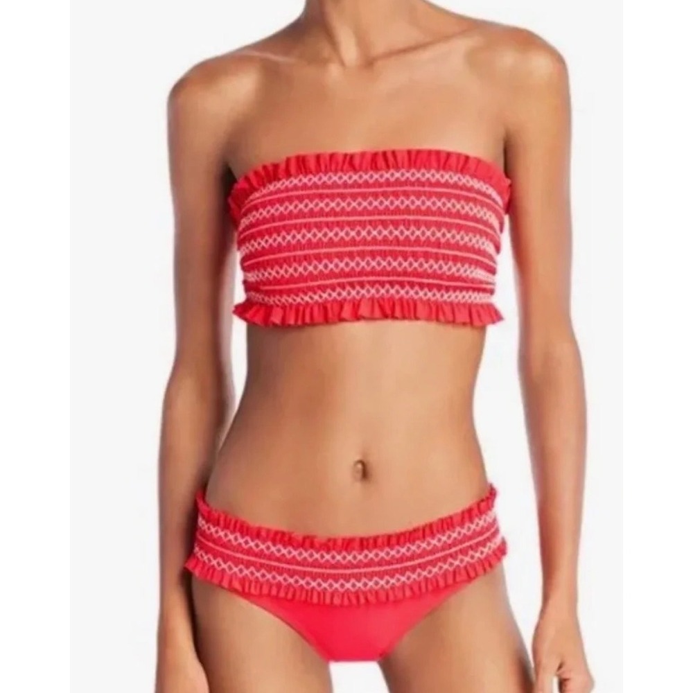 Tory Burch Costa Smocked Bandeau Bikini Set Poppy Red Red S/P